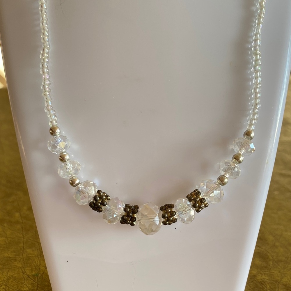 Clear Crystal aurora borealis Bead Necklace with Metallic spacer accents